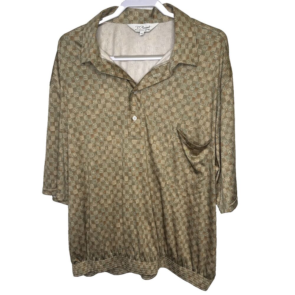 D'Accord Shirt Mens 2XL Tan Beige Geometric Pullover Short Sleeve Polo Casual